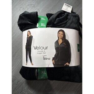 Felina Two Piece Black Velour Hoodie Jogger Set XL NWT